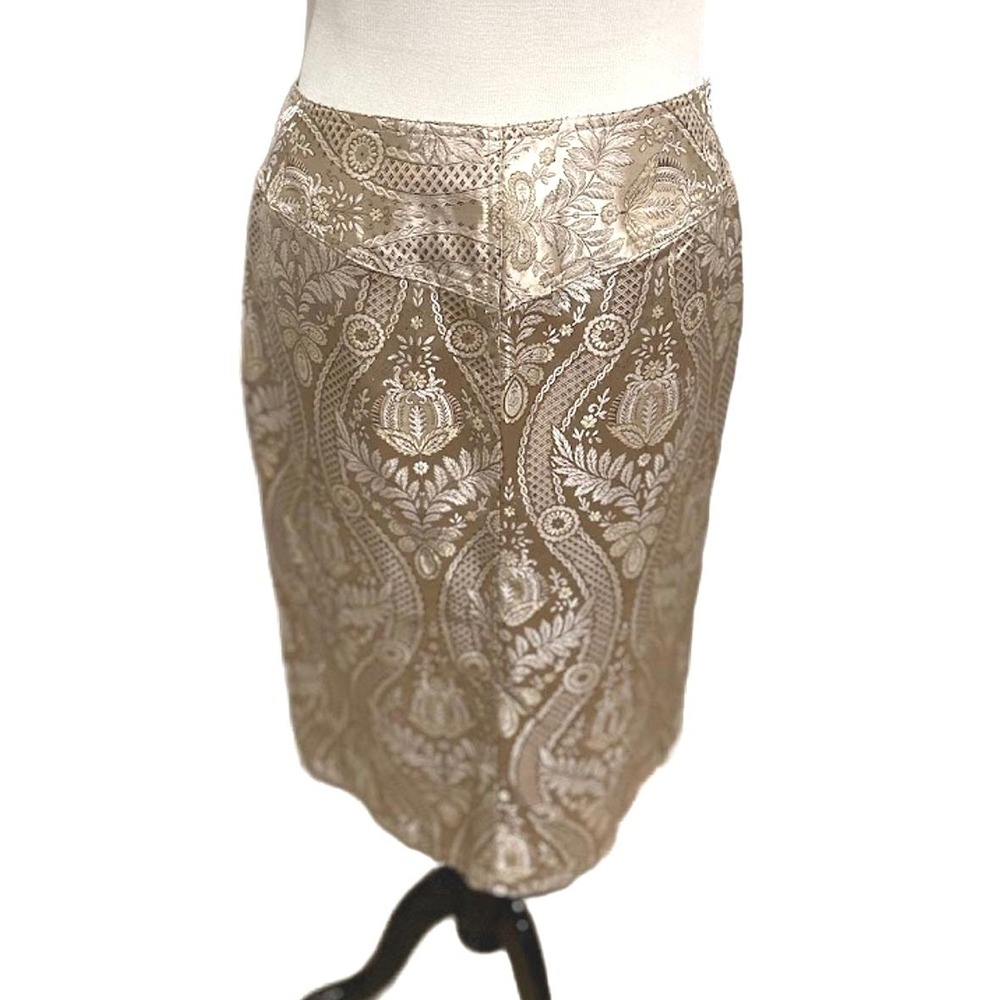 Allen B Schwartz Gold Brocade Damask Midi Pencil Skirt Size 6 Champagne Metallic